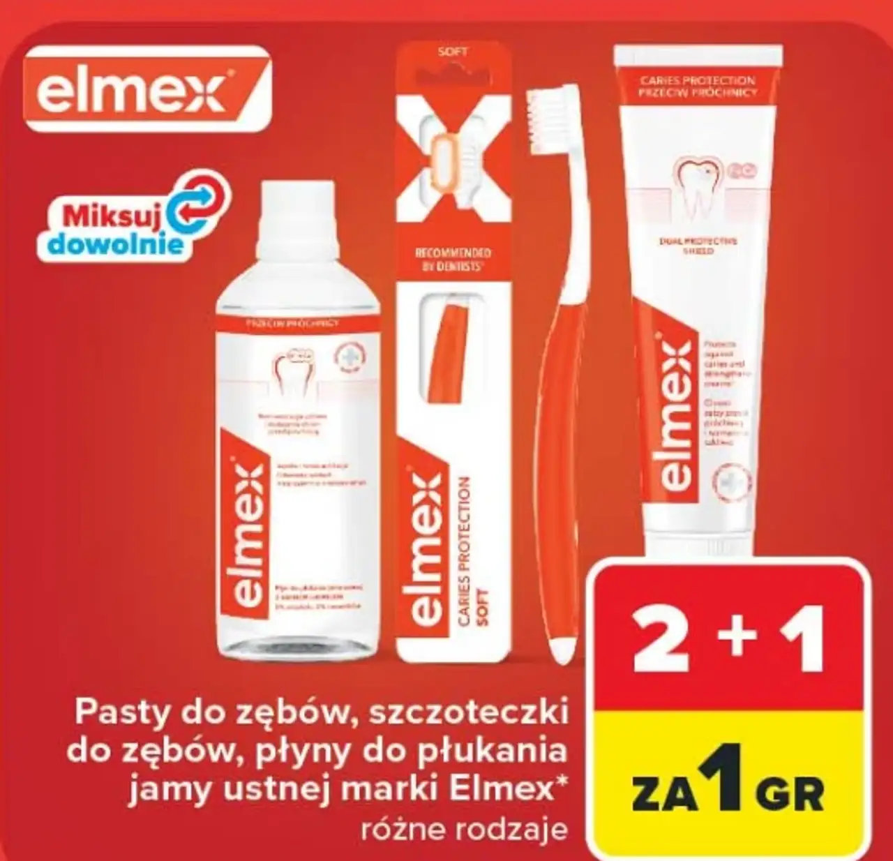 Pasty do zębów, szczoteczki do zębów, płyn do płukania jamy ustnej Elmex