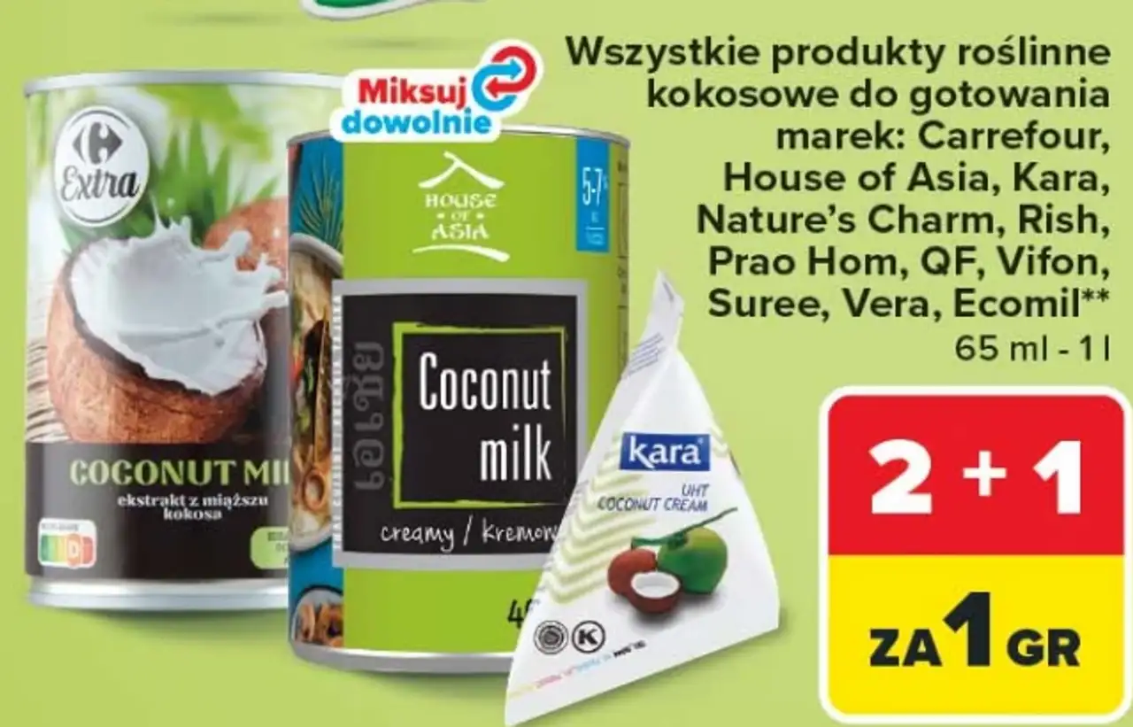 Wszystkie produkty roślinne kokosowe do gotowania: Carrefour, House of Asia, Kara, Nature's Charm, Rish, Prao Hom, QF, Vifon, Suree, Vera, Ecomil
