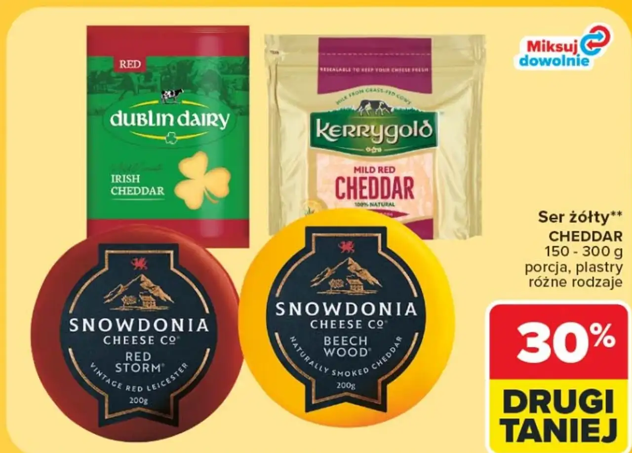 Ser żółty Cheddar Dublin Dairy, Kerrygold, Snowdonia Cheese Co.