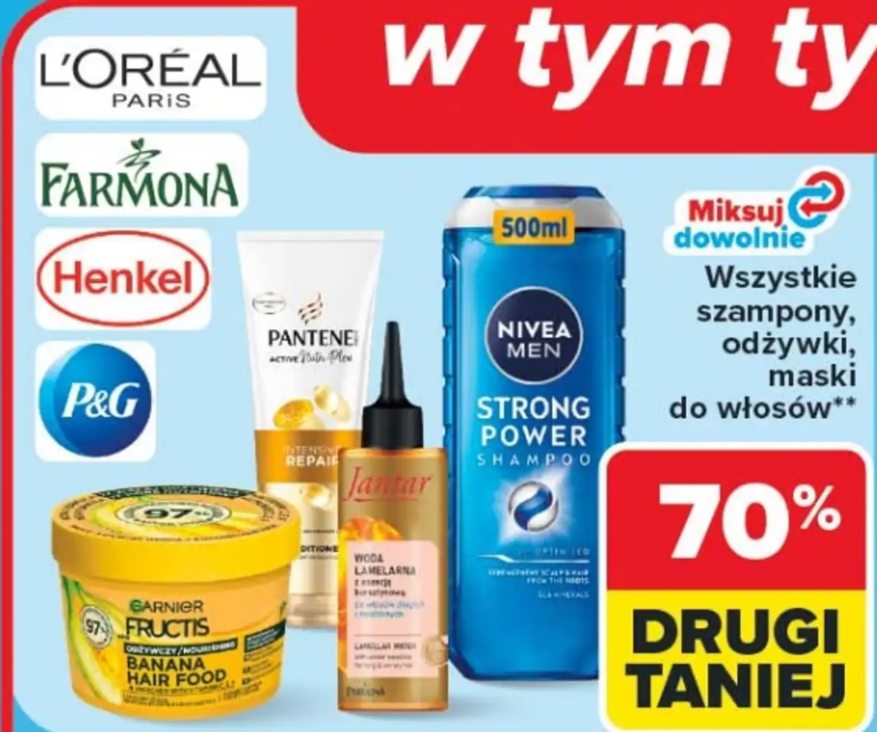 Szampony, odżywki, maski do włosów Garnier, Nivea, Jantar, Pantene, L'Oreal