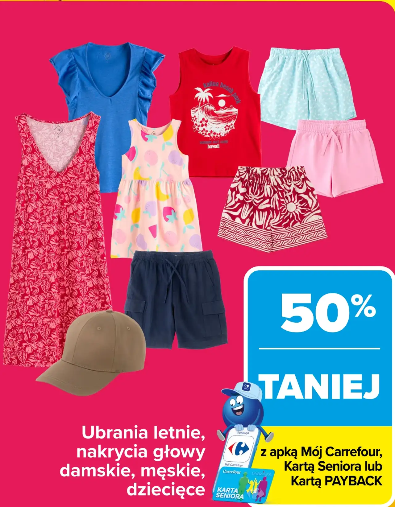 Ubrania letnie, nakrycia głowy damskie, męskie, dziecięce