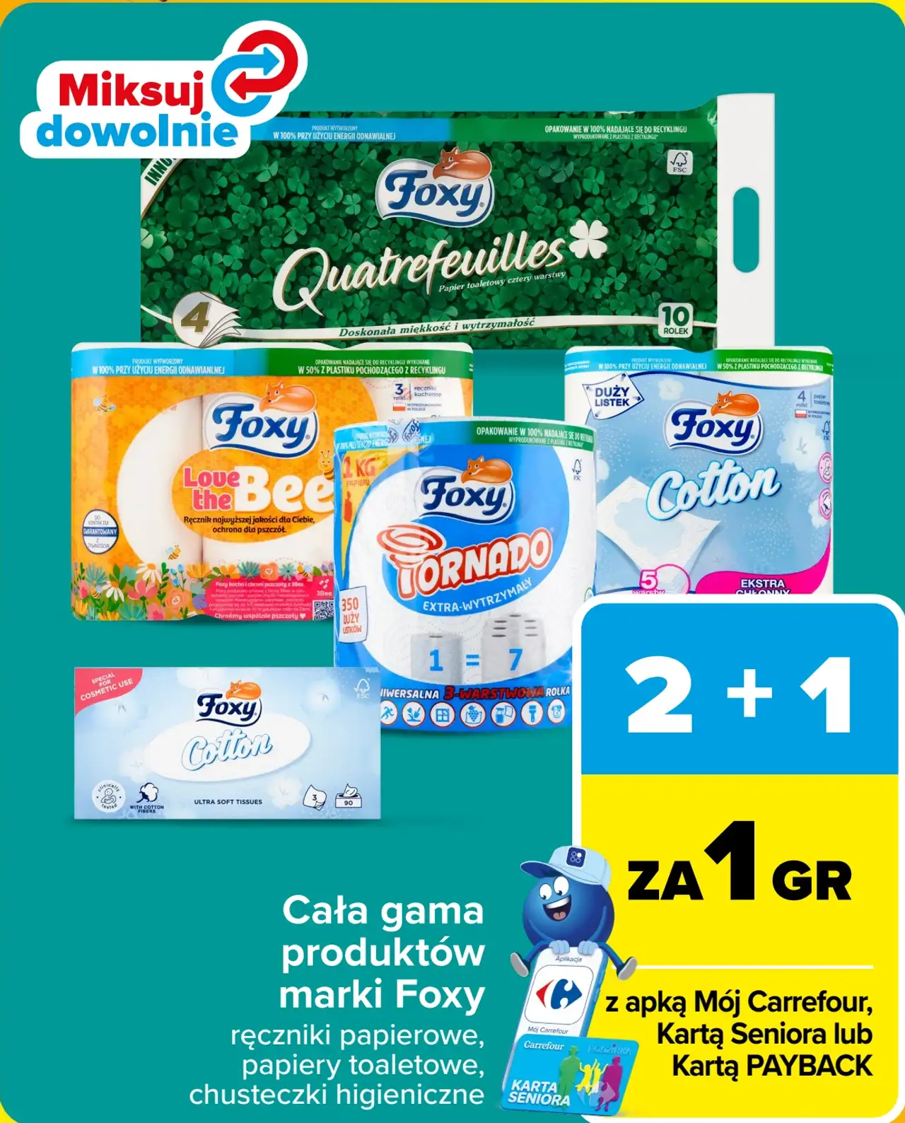 Cała gama produktów marki Foxy (ręczniki papierowe, papiery toaletowe, chusteczki higieniczne)