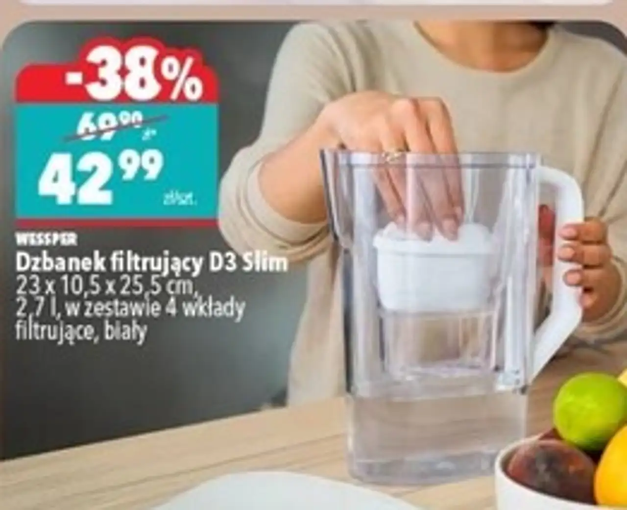 Wessper Dzbanek filtrujący D3 Slim 2,7 l w zestawie 4 wkłady