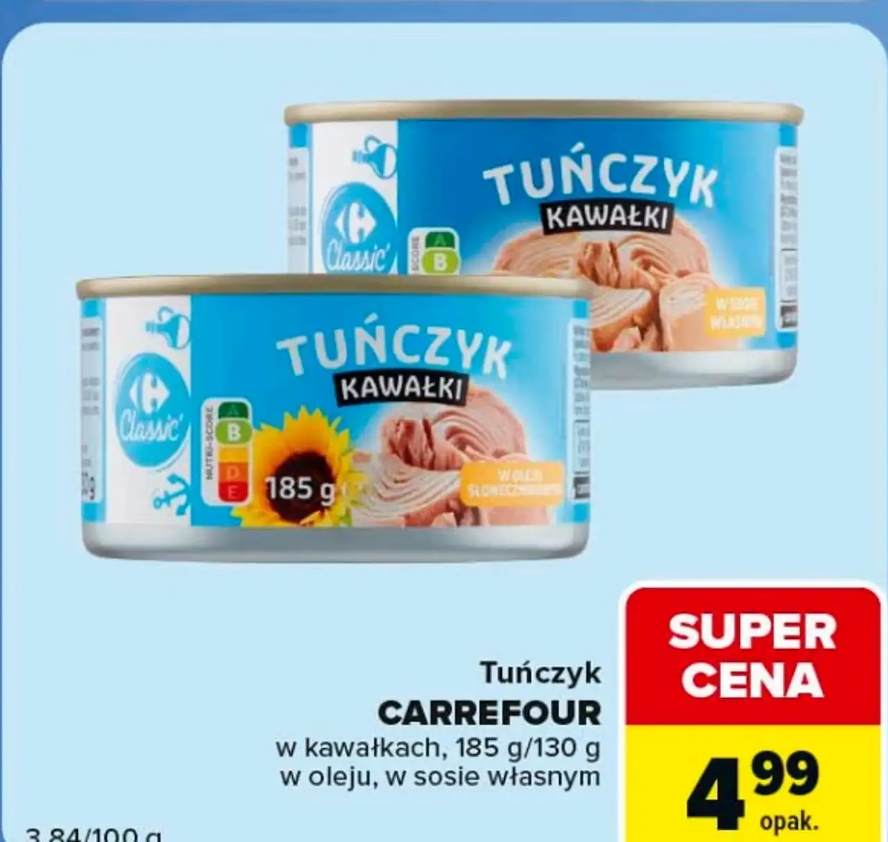 Tuńczyk w kawałkach Carrefour Classic w oleju lub w sosie własnym