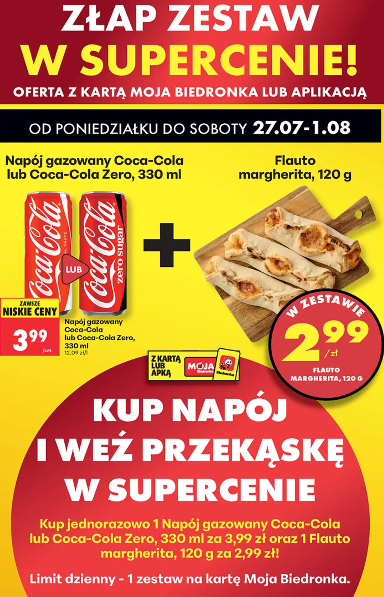 Zestaw: Napój gazowany Coca-Cola lub Coca-Cola Zero 330 ml + Flauto margherita 120 g