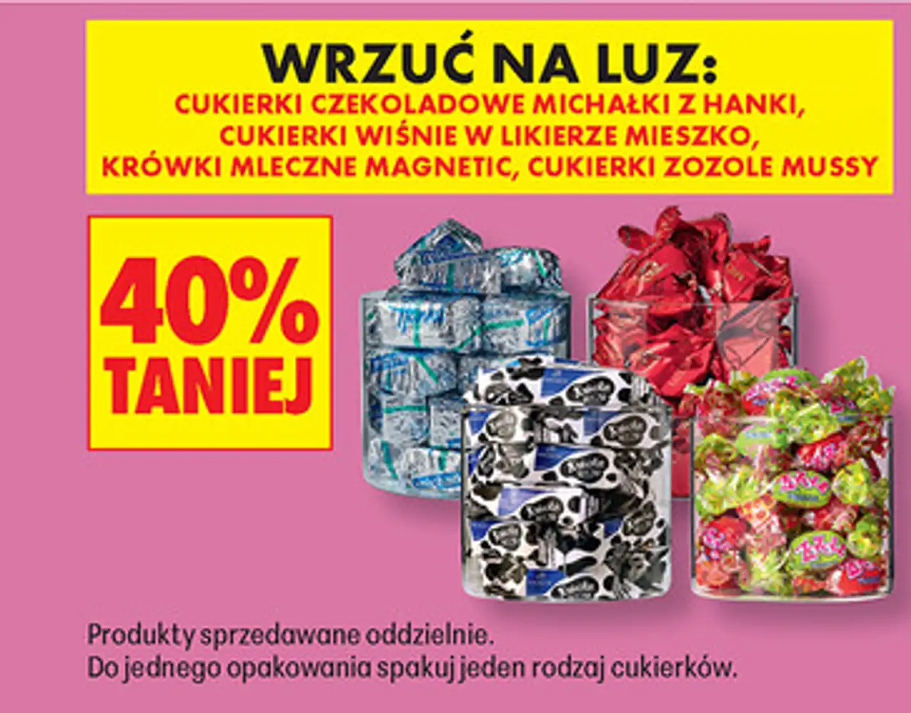 Cukierki na wagę (Michałki z Hanki, Wiśnie w likierze Mieszko, Krówki mleczne Magnetic, Zozole Mussy)