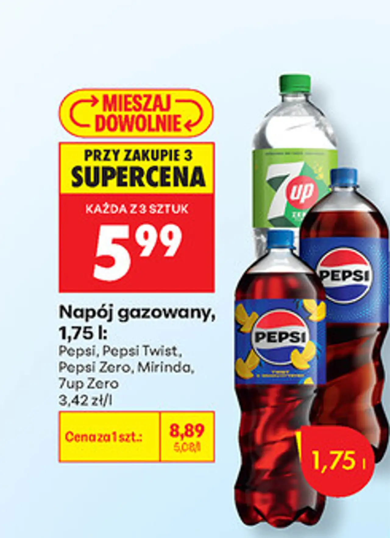 Napój gazowany Pepsi, Pepsi Twist, Pepsi Zero, Mirinda, 7up Zero, 1,75 l