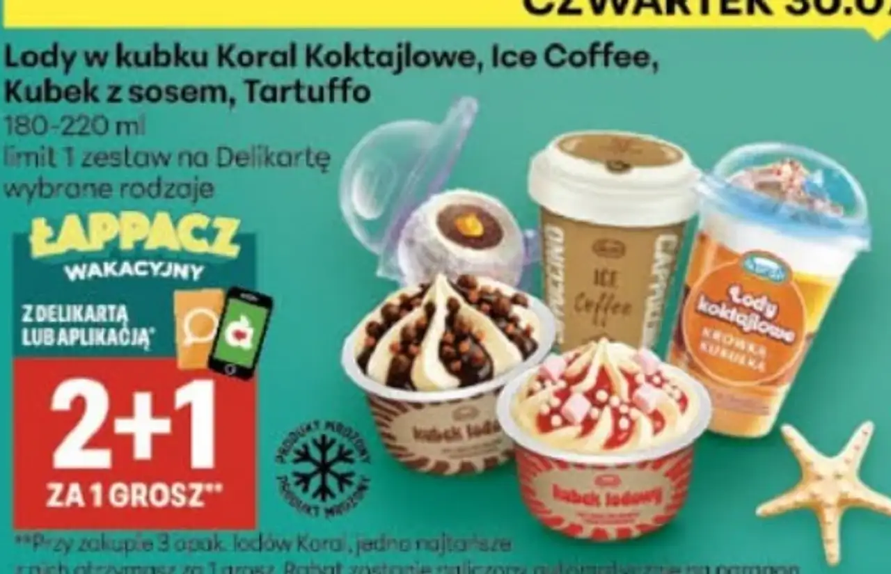 Lody w kubku Koral Koktajlowe, Ice Coffee, Kubek z sosem, Tartuffo