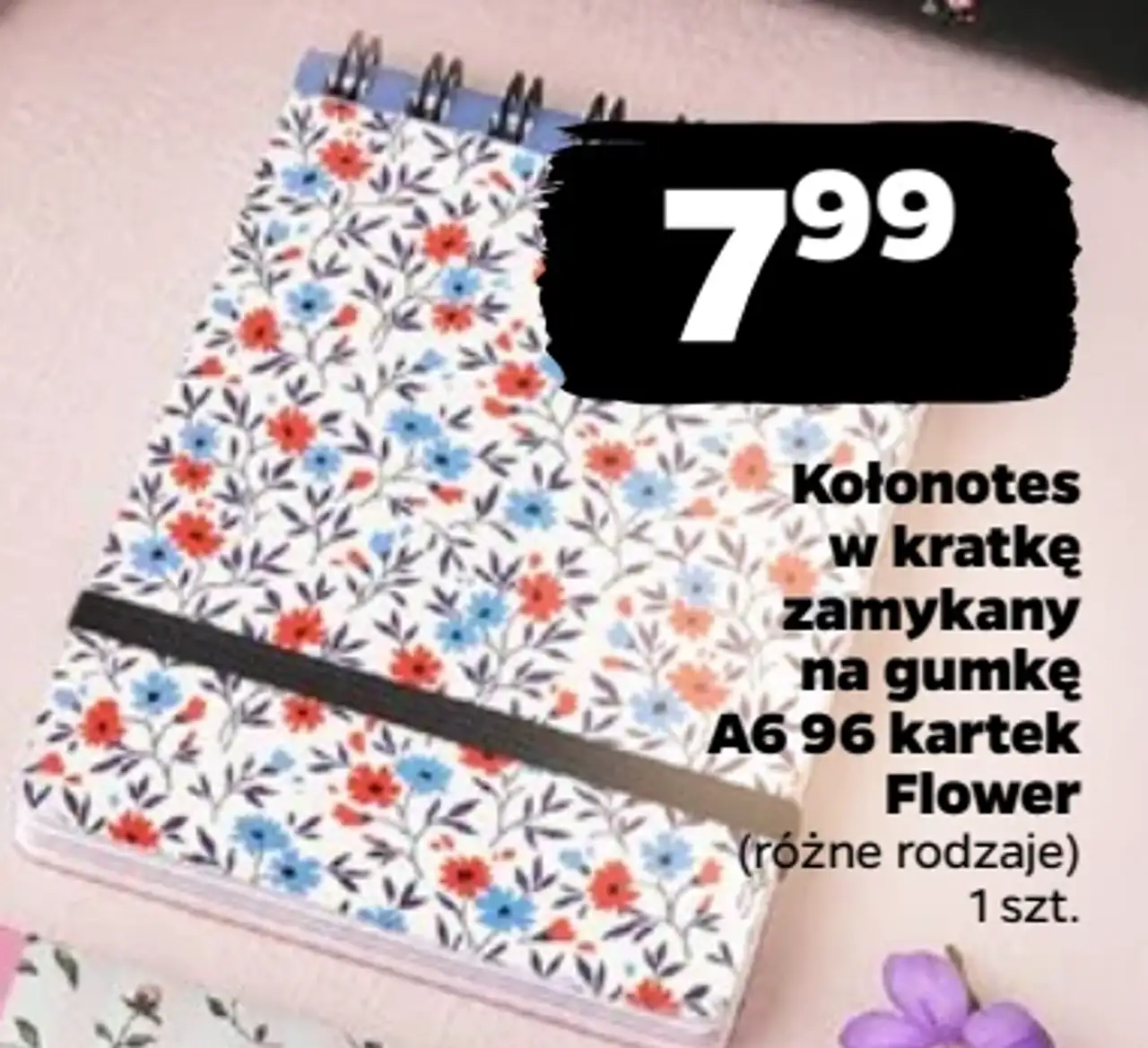 Kołonotes w kratkę zamykany na gumkę A6 96 kartek Flower Beniamin (różne rodzaje)
