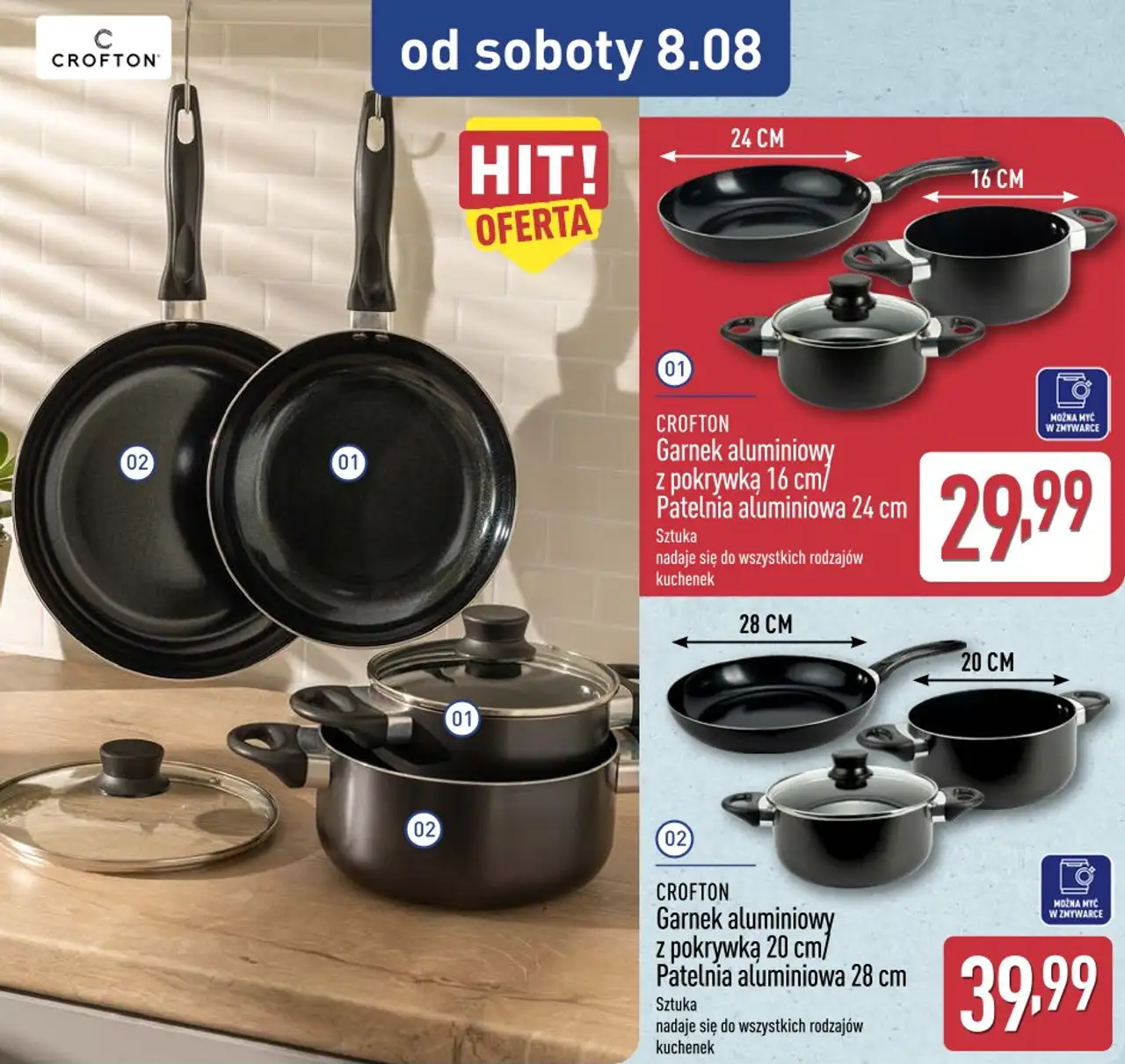 CROFTON Garnek aluminiowy z pokrywką lub Patelnia aluminiowa
