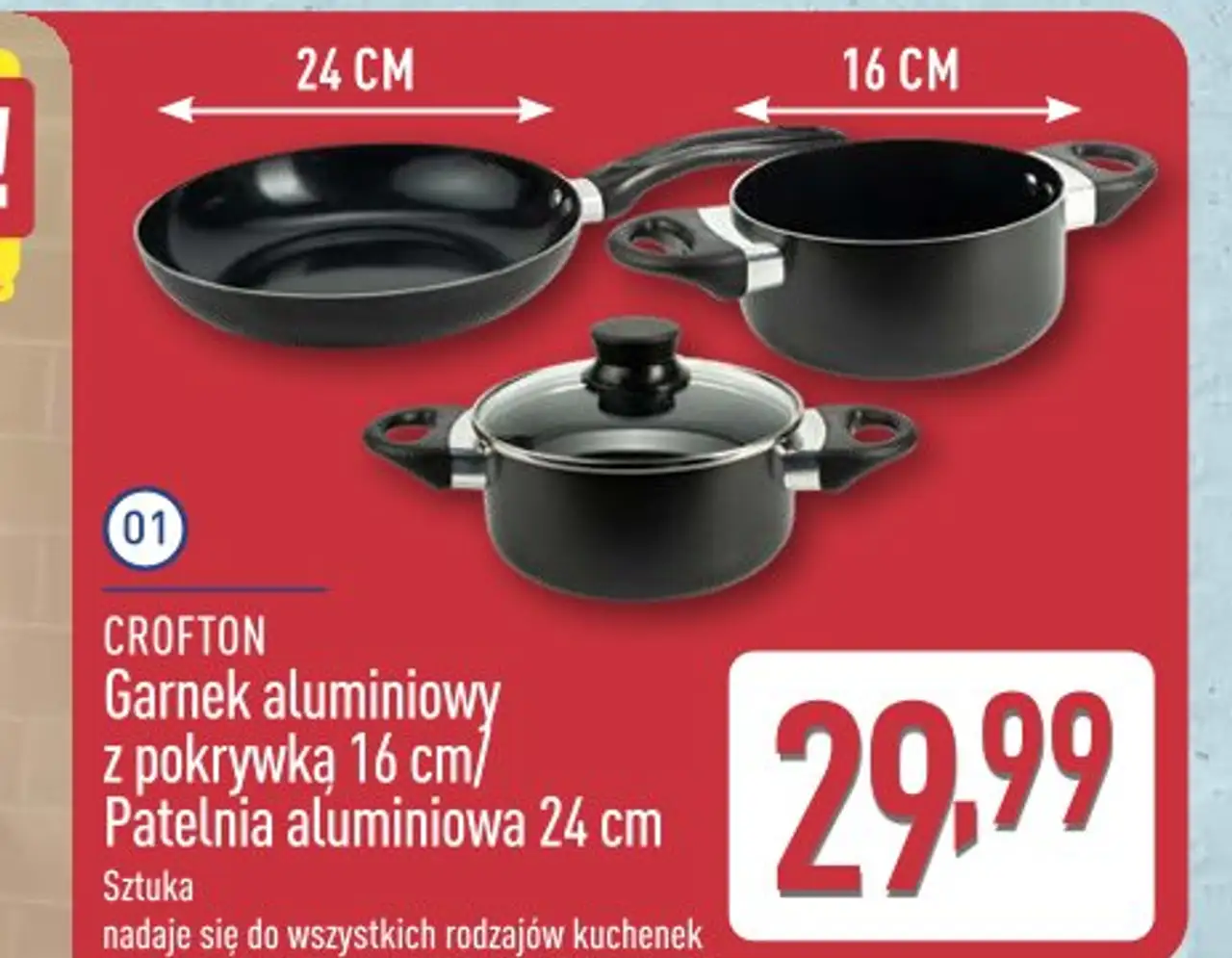 CROFTON Garnek aluminiowy z pokrywką 16 cm / Patelnia aluminiowa 24 cm