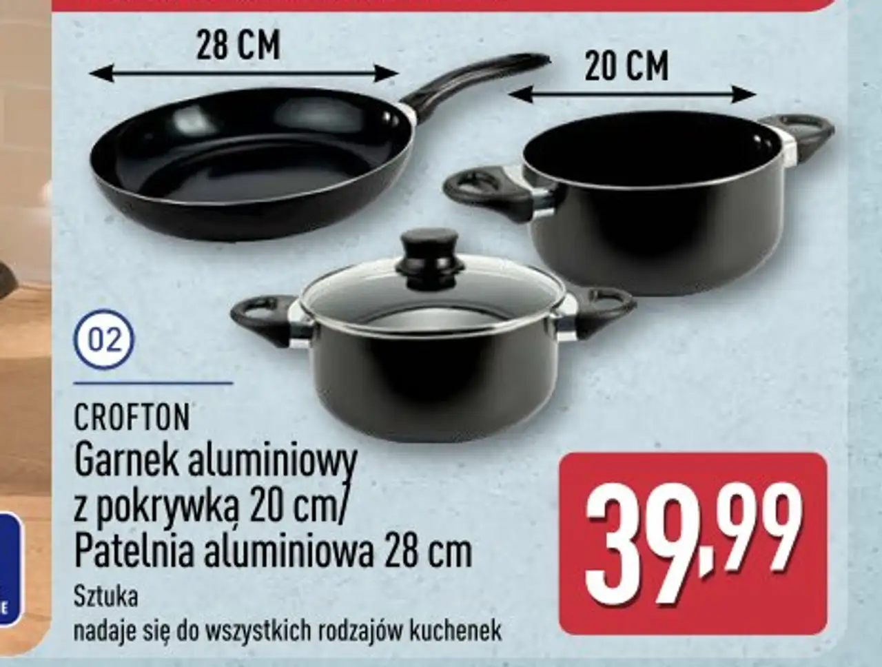 CROFTON Garnek aluminiowy z pokrywką 20 cm / Patelnia aluminiowa 28 cm
