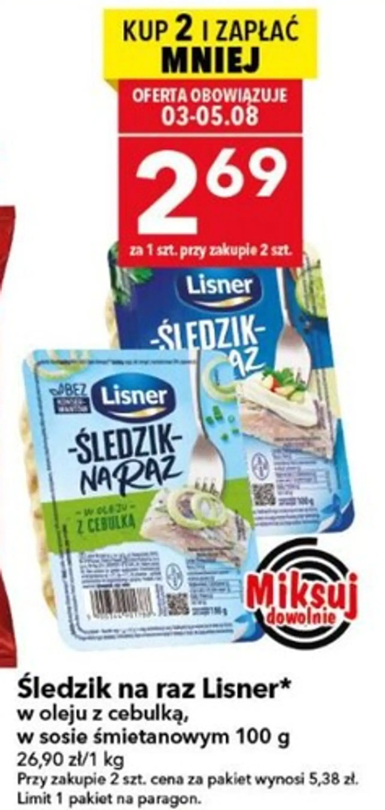 Śledzik na raz Lisner w oleju z cebulką, w sosie śmietankowym