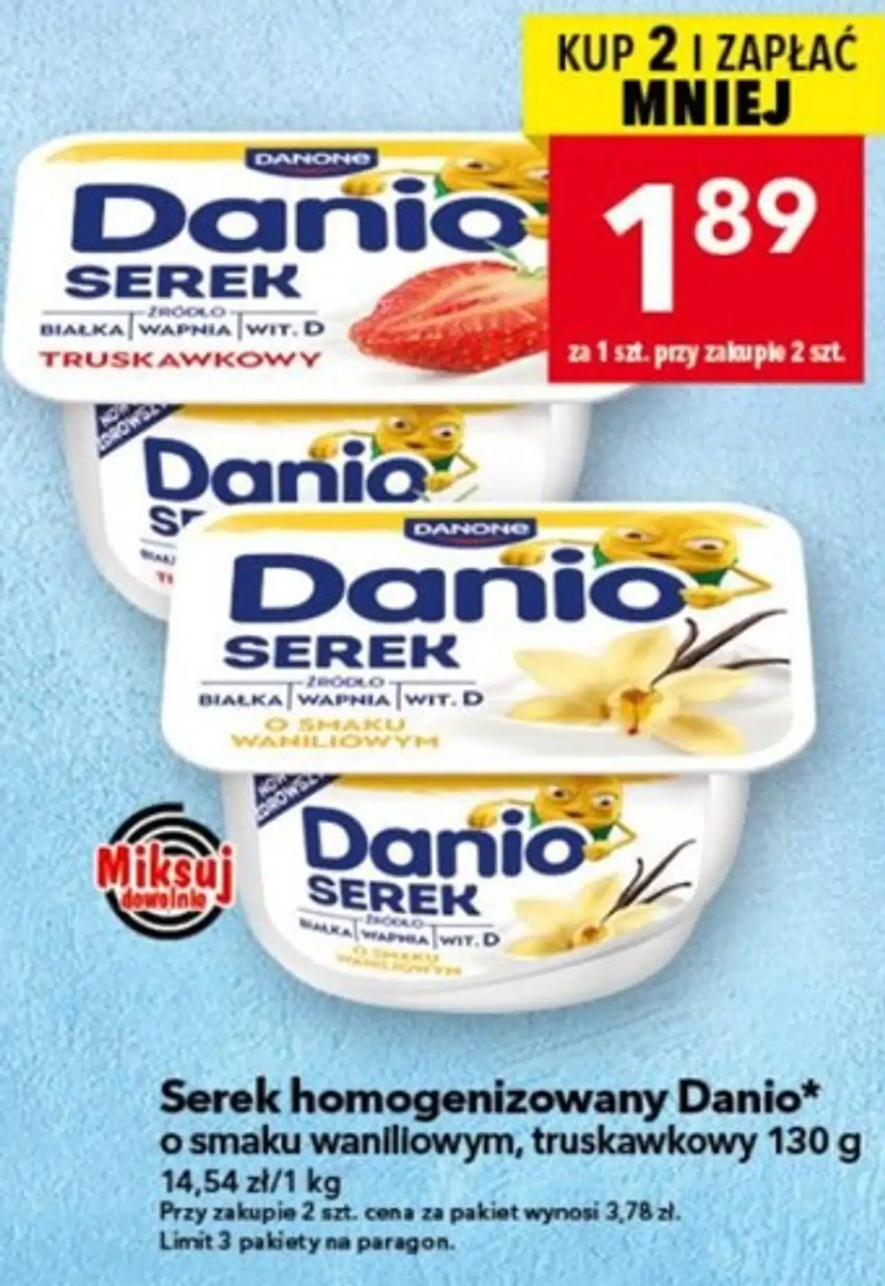 Serek homogenizowany Danio o smaku waniliowym, truskawkowy 130 g