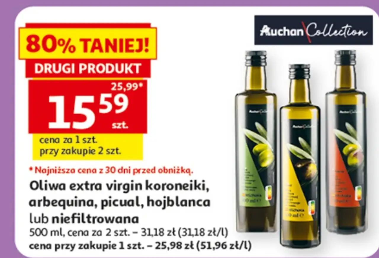Oliwa extra virgin koroneiki, arbequina, picual, hojblanca lub niefiltrowana Auchan Collection