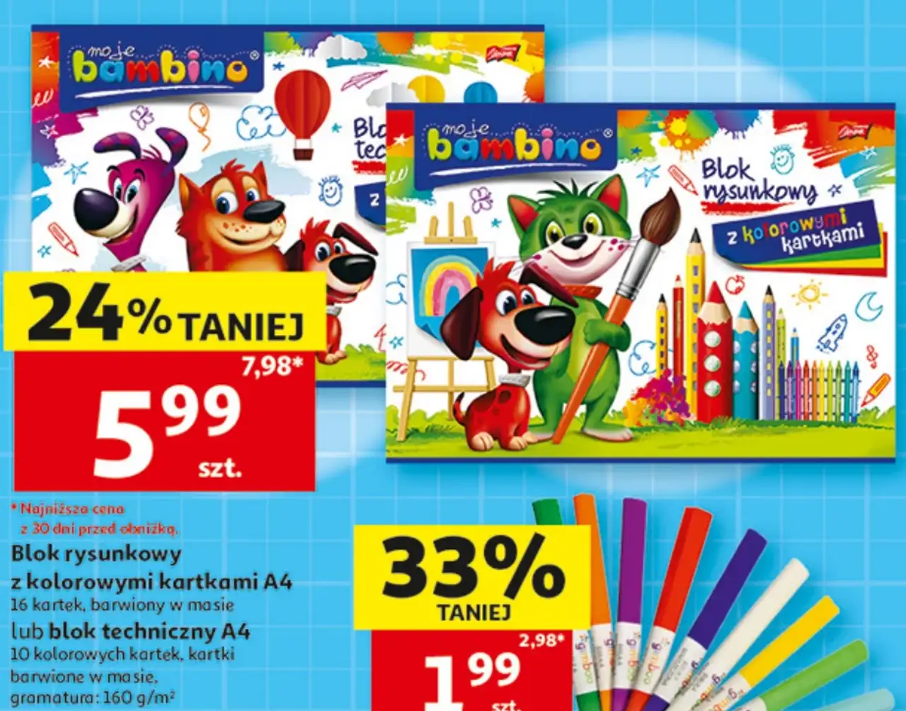 Moje Bambino Blok rysunkowy z kolorowymi kartkami A4 lub blok techniczny A4