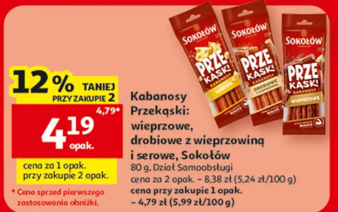 Kabanosy Przekąski: wieprzowe, drobiowe z wieprzowiną i serowe, Sokołów