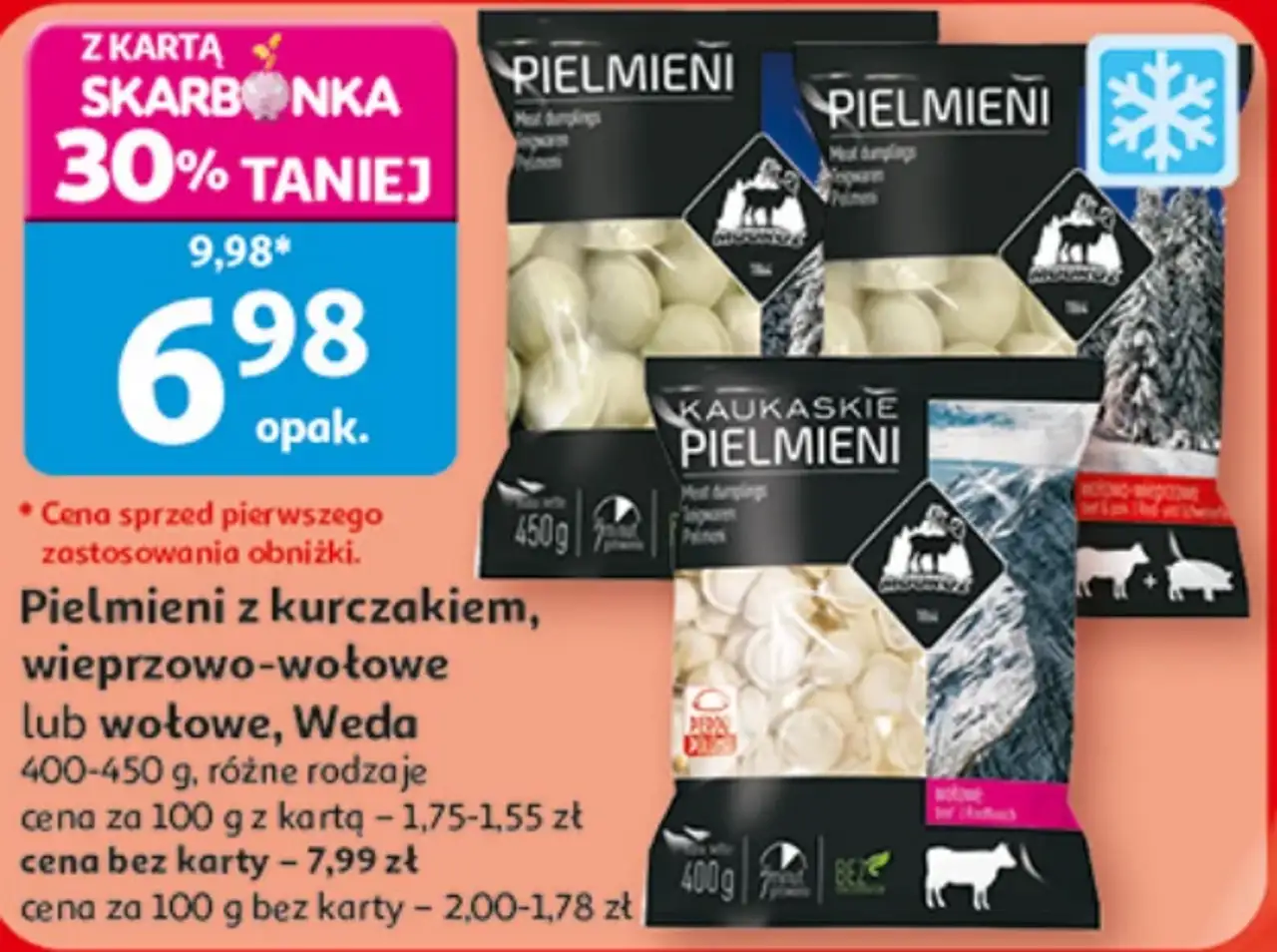 Pielmieni z kurczakiem, wieprzowo-wołowe lub wołowe, Weda