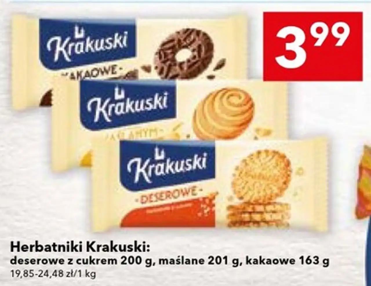 Herbatniki Krakuski: deserowe z cukrem 200 g, maślane 201 g, kakaowe 163 g