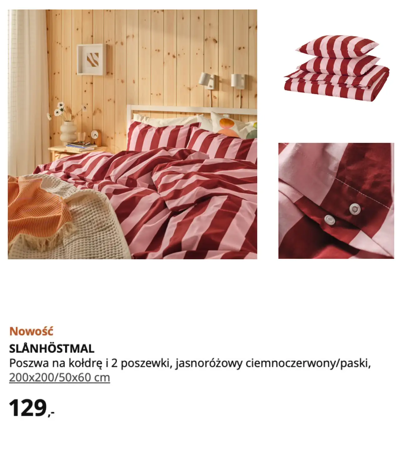 IKEA SLÅNHÖSTMAL Poszwa na kołdrę i 2 poszewki, jasnoróżowy ciemnoczerwony/paski, 200x200/50x60 cm