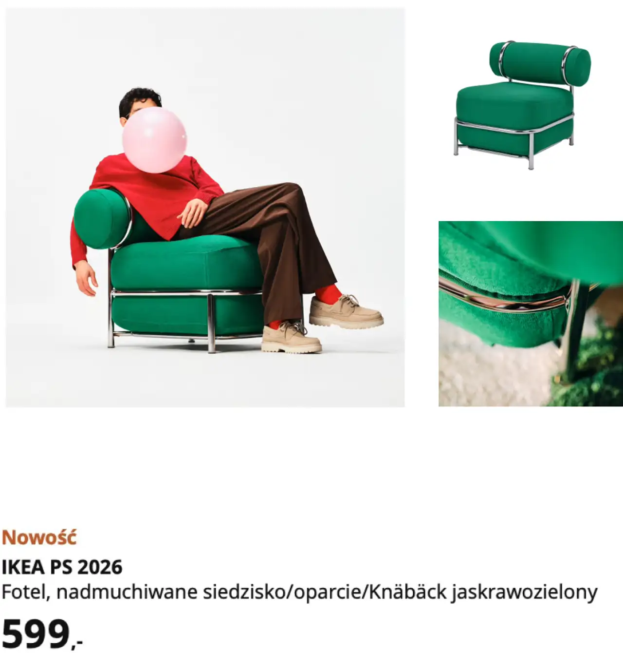 IKEA PS 2026 Fotel, nadmuchiwane siedzisko/oparcie/Knäbäck jaskrawozielony