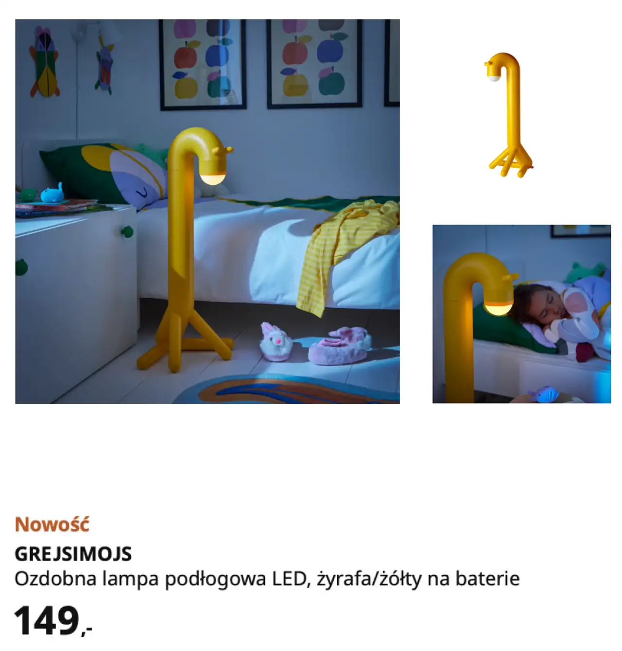 IKEA GREJSIMOJS Ozdobna lampa podłogowa LED, żyrafa/żółty na baterie