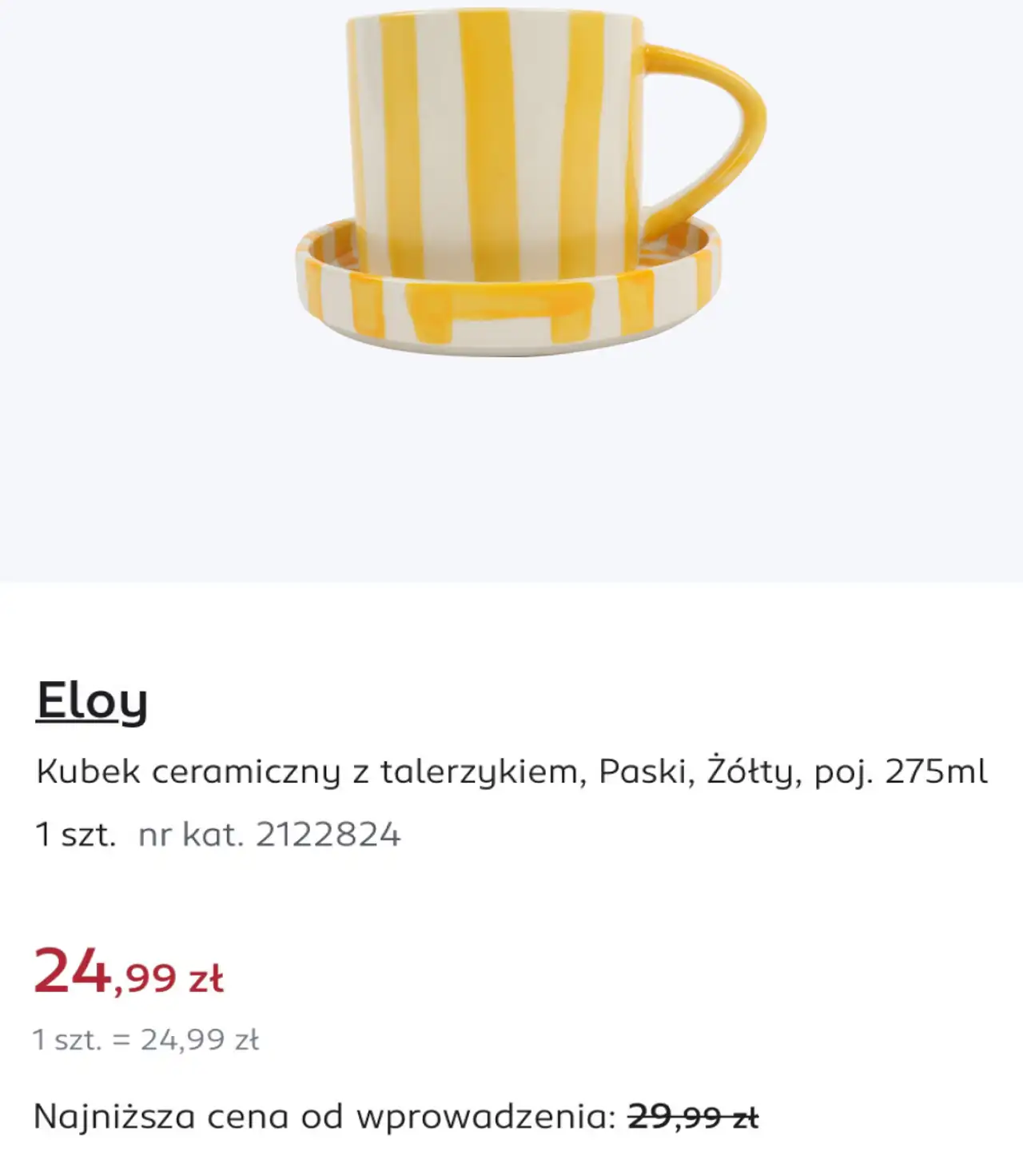 Eloy Kubek ceramiczny z talerzykiem, Paski, Żółty, poj. 275ml