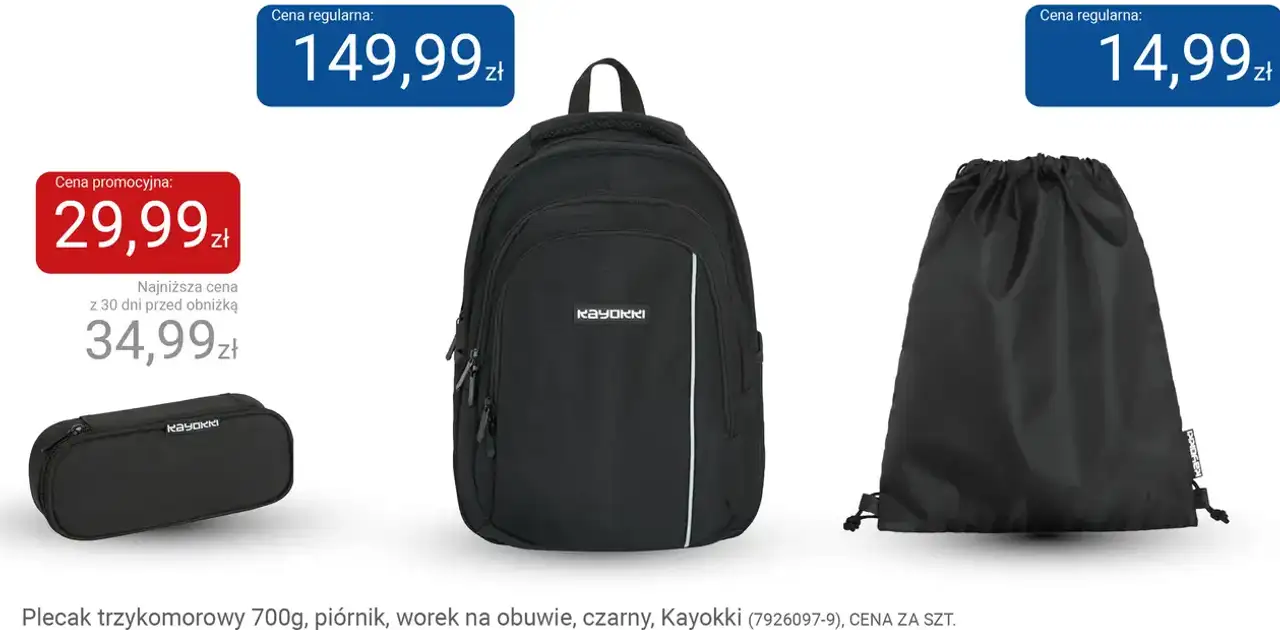 Plecak trzykomorowy 700g, piórnik, worek na obuwie, czarny, Kayokki (7926097-9)