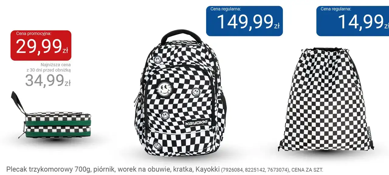 Plecak trzykomorowy 700g, piórnik, worek na obuwie, kratka, Kayokki (7926084, 8225142, 7673074)