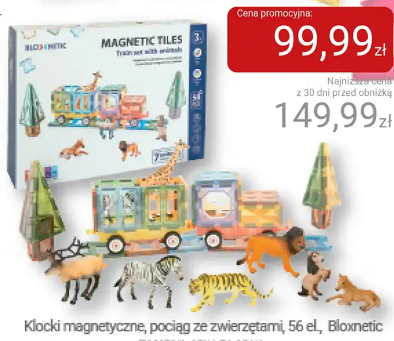 Klocki magnetyczne, pociąg ze zwierzętami, 56 el., Bloxnetic