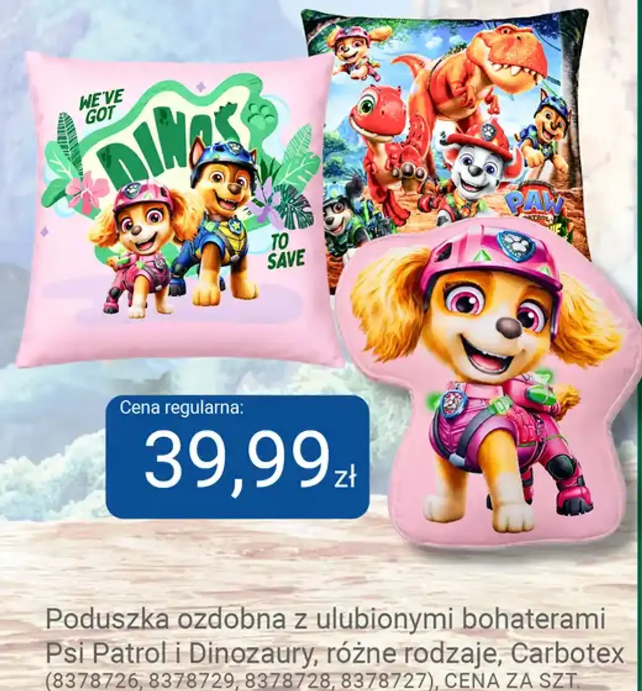 Poduszka ozdobna z ulubionymi bohaterami Psi Patrol i Dinozaury