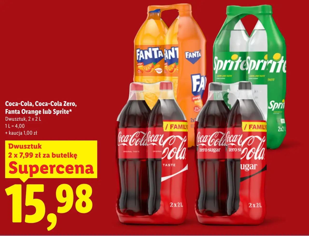 Coca-Cola, Coca-Cola Zero, Fanta Orange lub Sprite napój gazowany 2 x 2 L