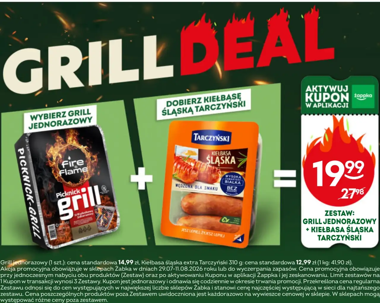 Zestaw: Grill Jednorazowy Picknick-grill Fire Flame + Kiełbasa řląska Tarczyński