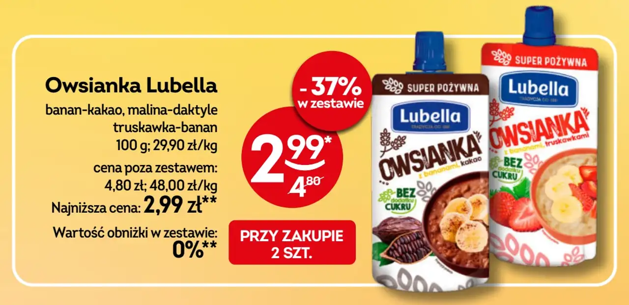 Owsianka Lubella banan-kakao, malina-daktyle, truskawka-banan