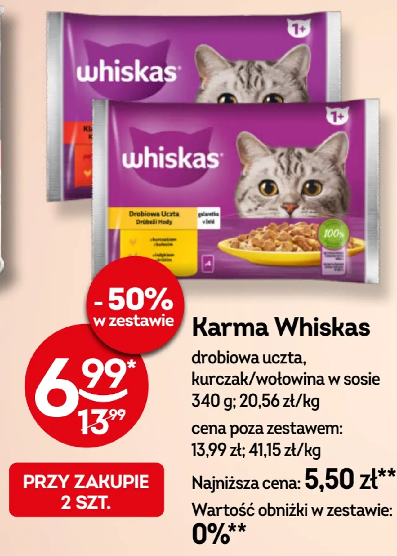 Karma dla kota Whiskas drobiowa uczta, kurczak/wołowina w sosie