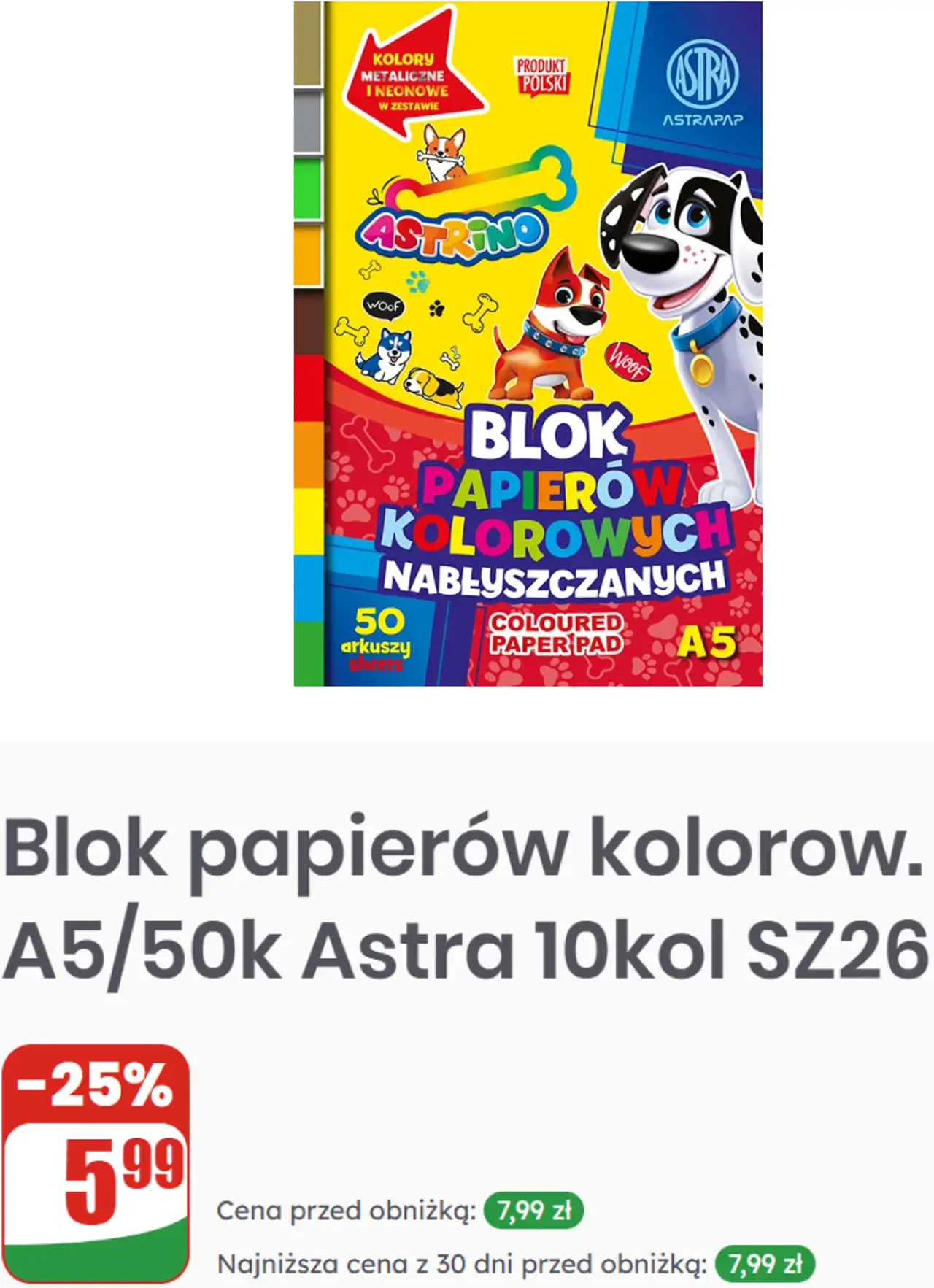 Blok papierów kolorowych A5/50 arkuszy Astra 10 kolorów
