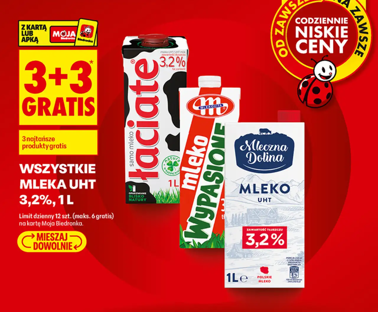 Wszystkie mleka UHT 3,2%, 1 L (Łaciate, Wypasione, Mleczna Dolina)