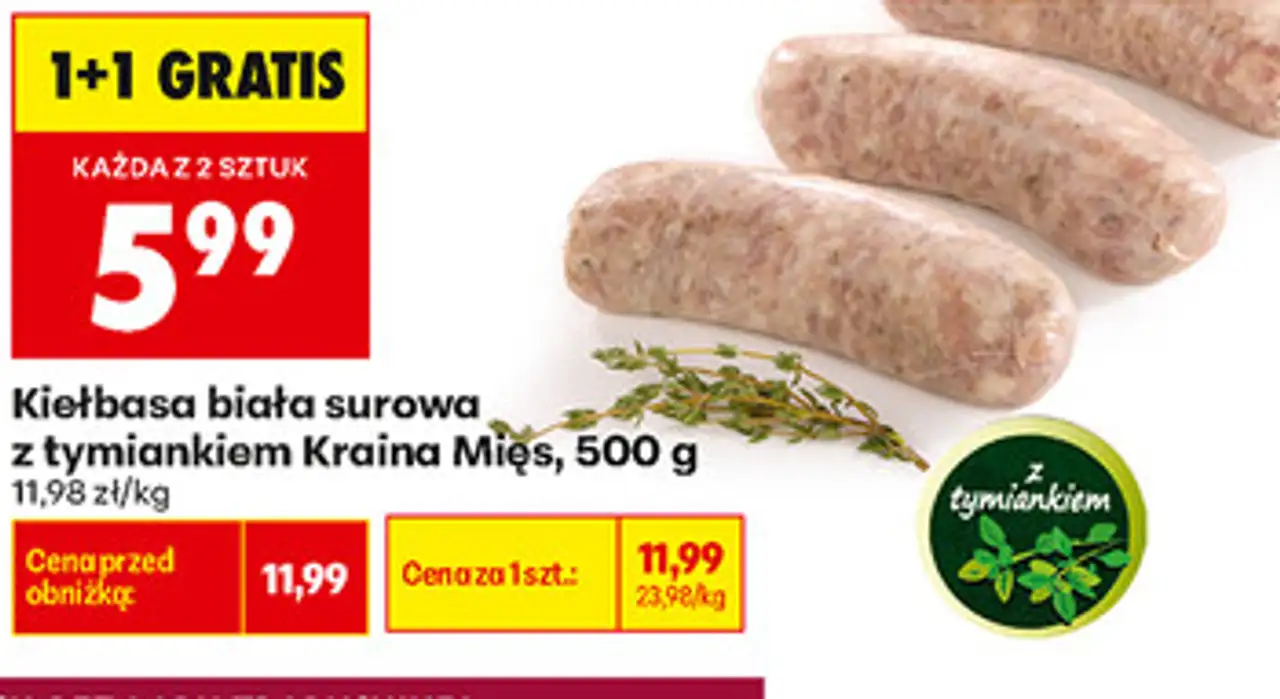 Kiełbasa biała surowa z tymiankiem Kraina Mięs, 500 g
