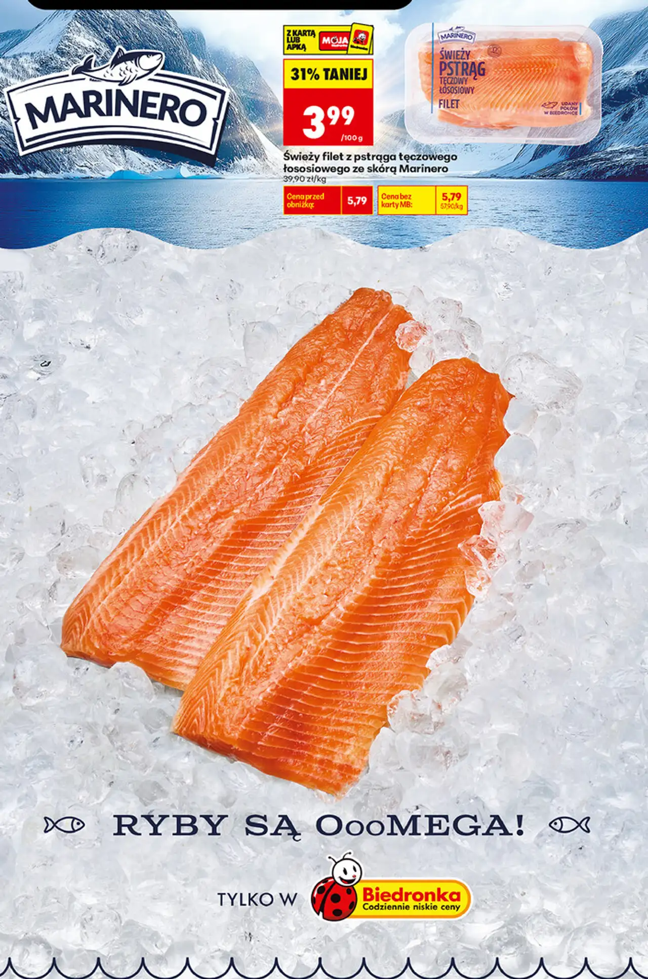 Świeży filet z pstrąga tęczowego łososiowego ze skórą Marinero