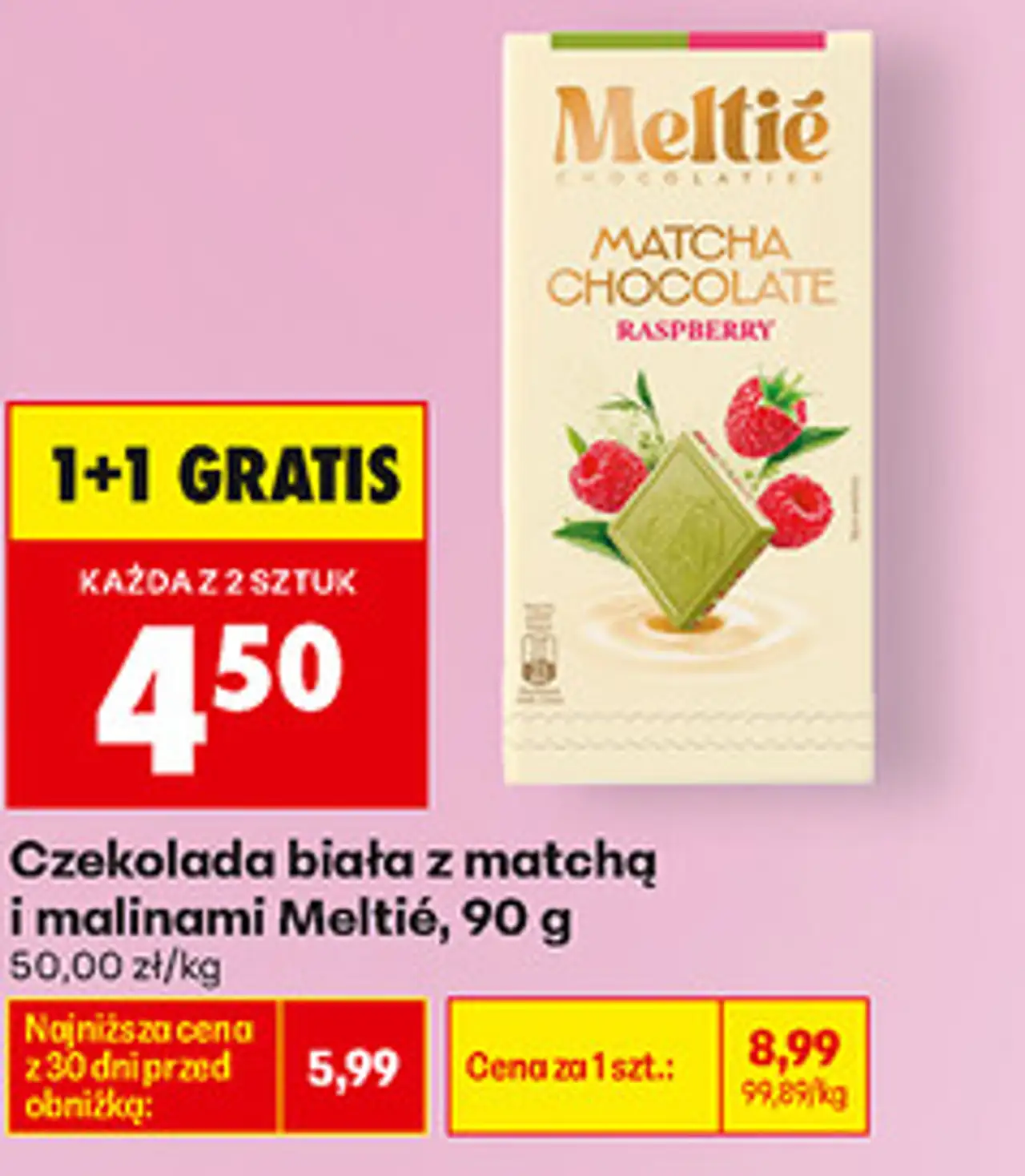 Czekolada biała z matchą i malinami Meltie, 90 g