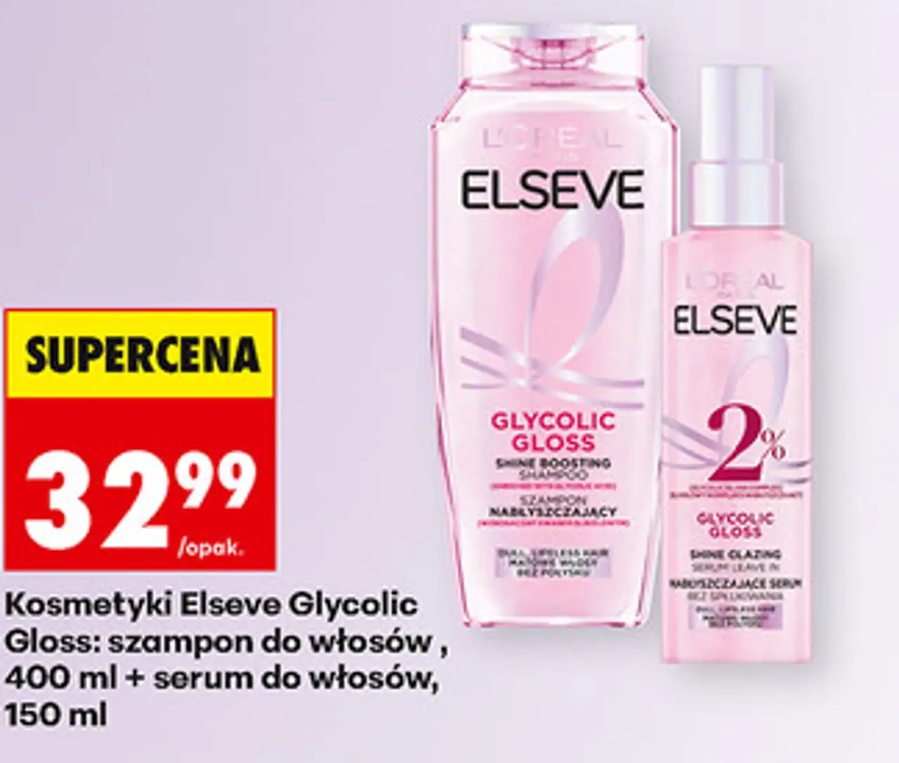 Kosmetyki Elseve Glycolic Gloss: szampon do włosów, 400 ml + serum do włosów, 150 ml