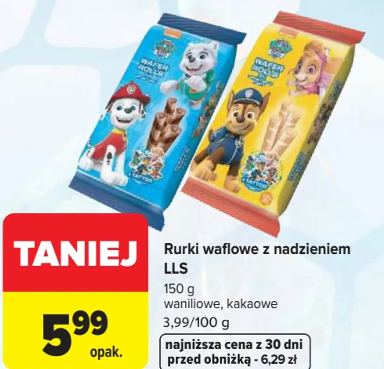 Rurki waflowe z nadzieniem LLS waniliowe, kakaowe