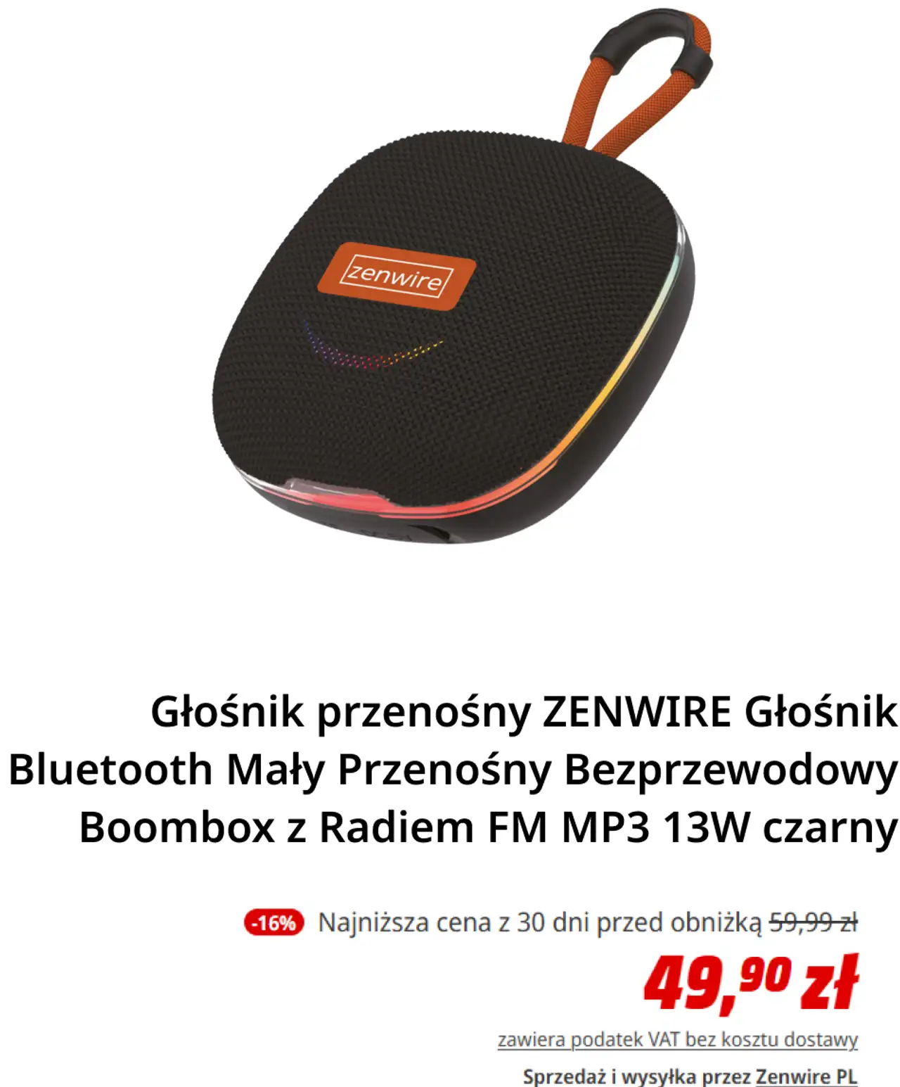 Zenwire Głośnik przenośny Bluetooth Mały Przenośny Bezprzewodowy Boombox z Radiem FM MP3 13W czarny