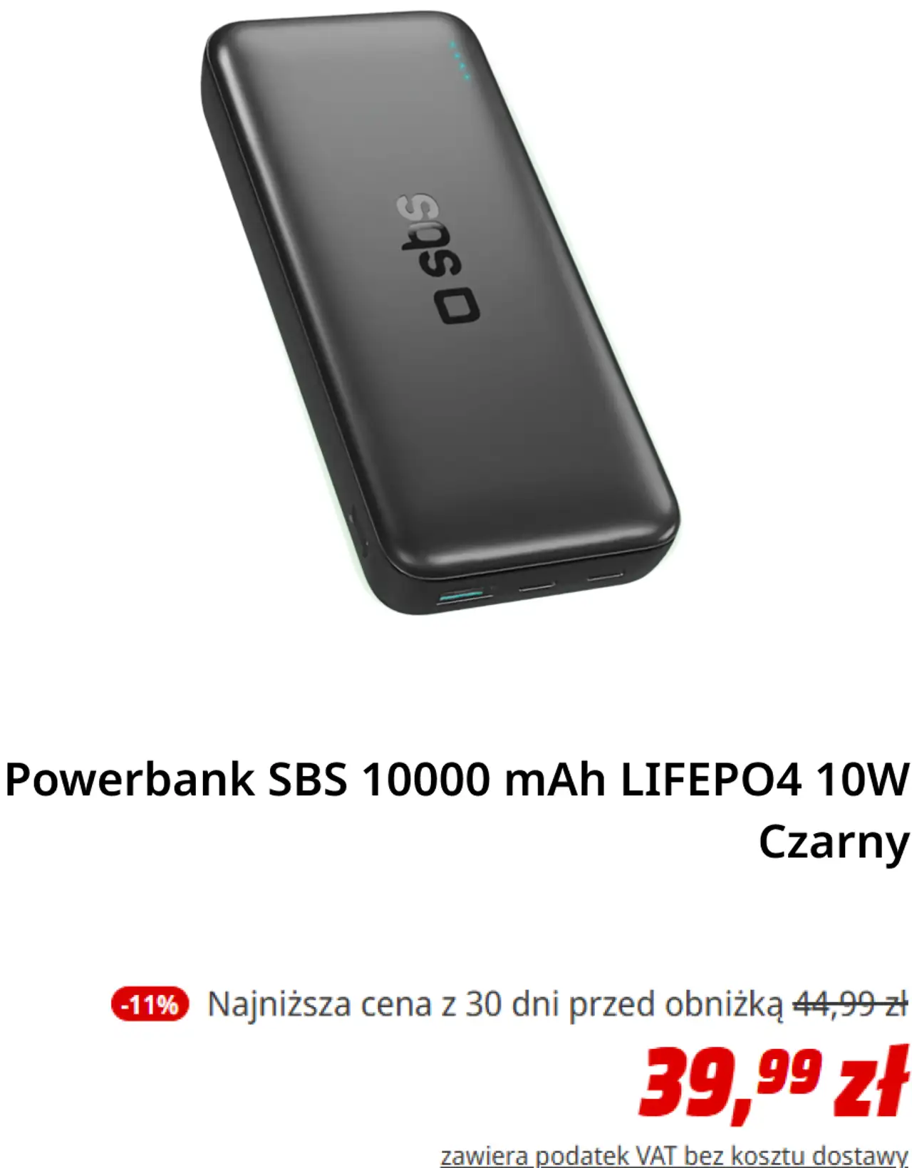 Powerbank SBS 10000 mAh LIFEPO4 10W Czarny