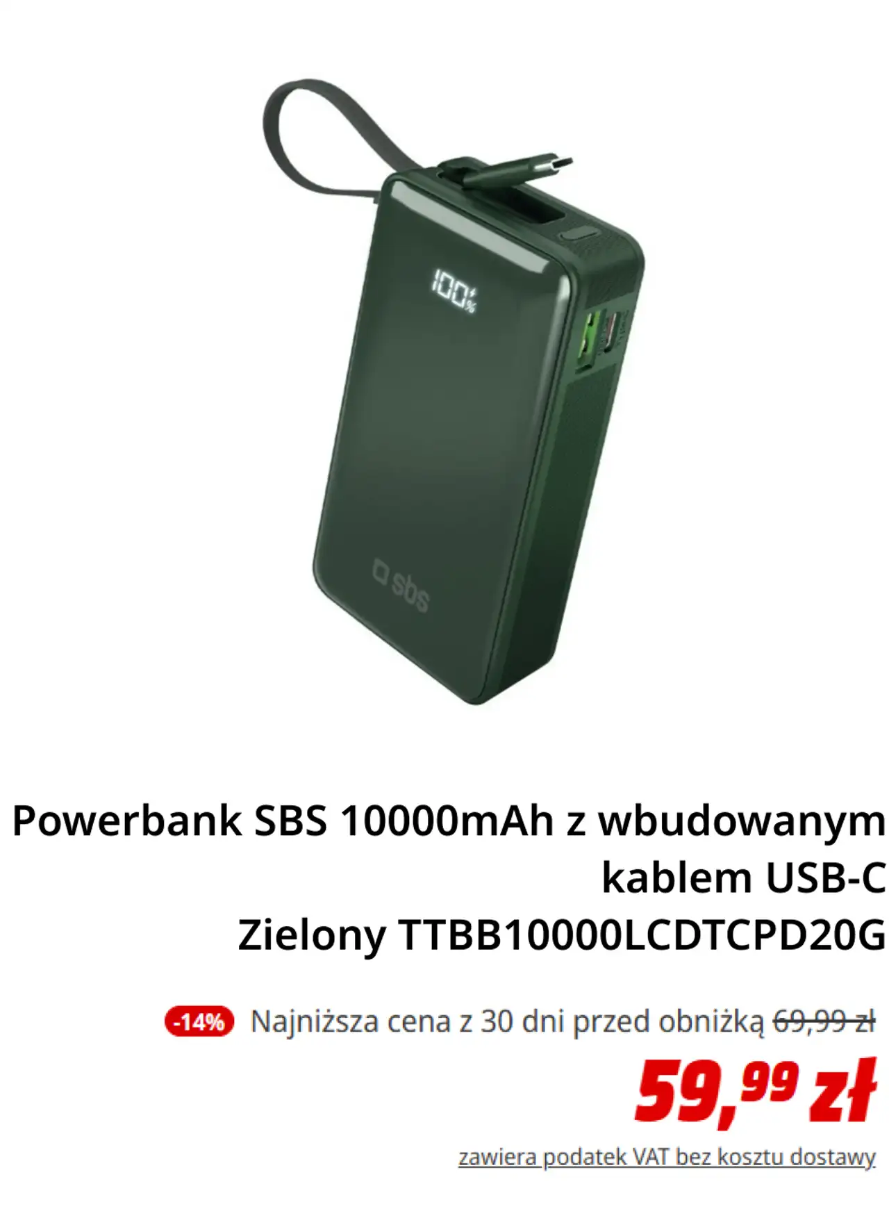 Powerbank SBS 10000mAh z wbudowanym kablem USB-C Zielony TTBB10000LCDTCPD20G