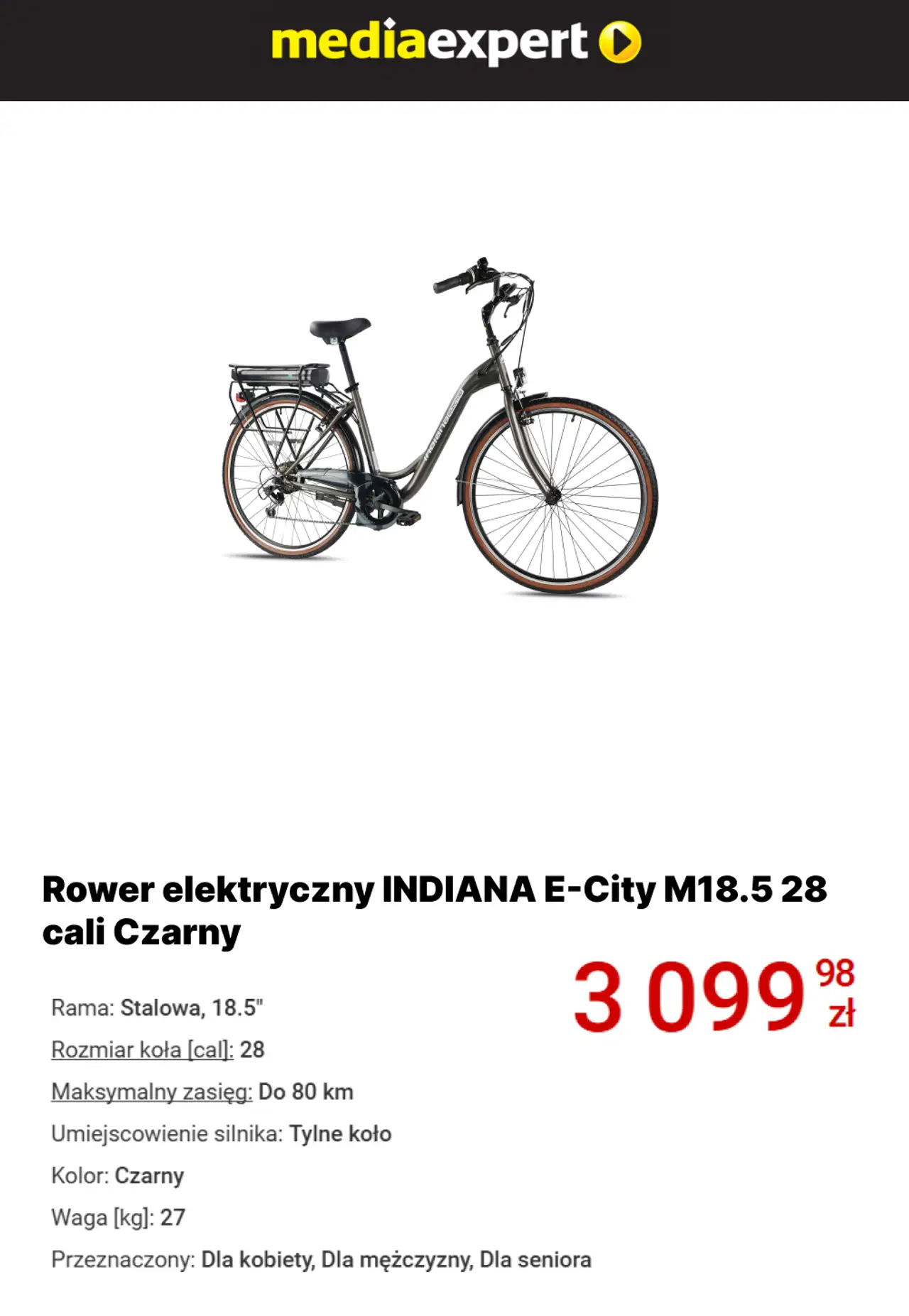 Rower elektryczny INDIANA E-City M18.5 28 cali Czarny