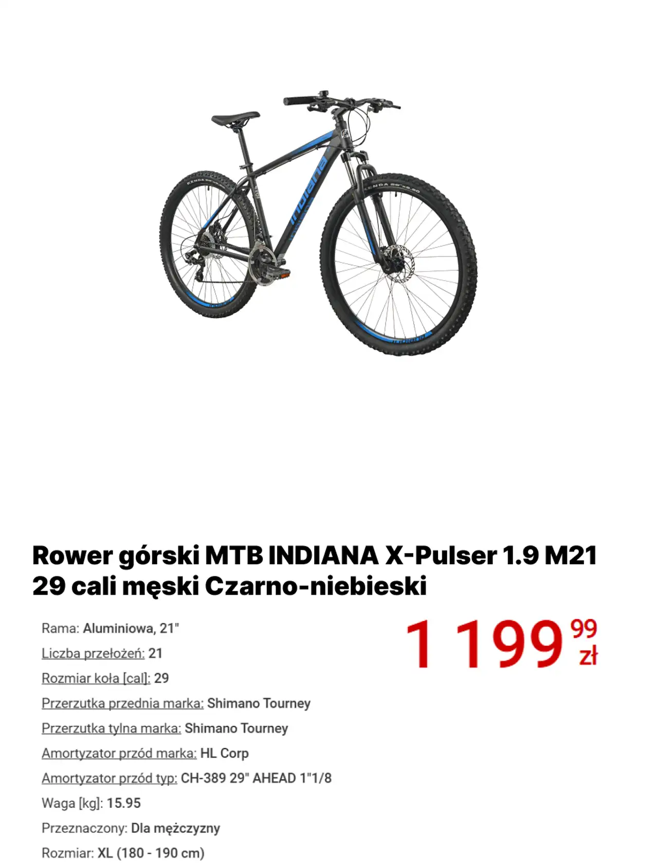 Rower górski MTB INDIANA X-Pulser 1.9 M21 29 cali męski Czarno-niebieski