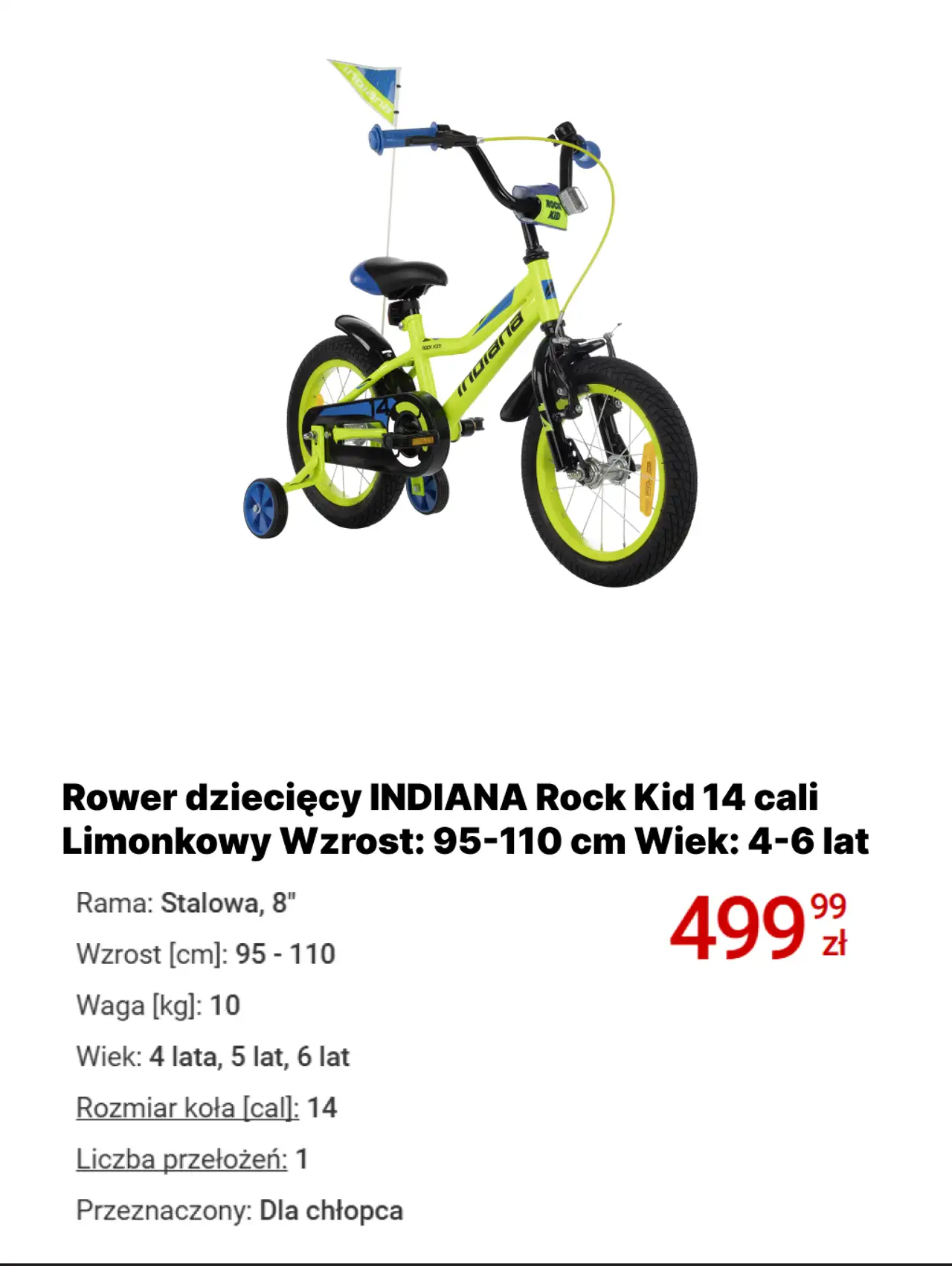 Rower dziecięcy INDIANA Rock Kid 14 cali Limonkowy Wzrost: 95-110 cm Wiek: 4-6 lat