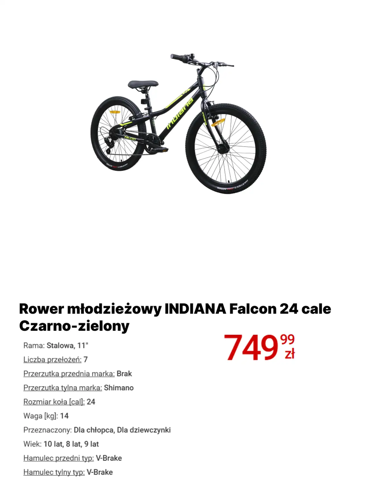Rower młodzieżowy INDIANA Falcon 24 cale Czarno-zielony
