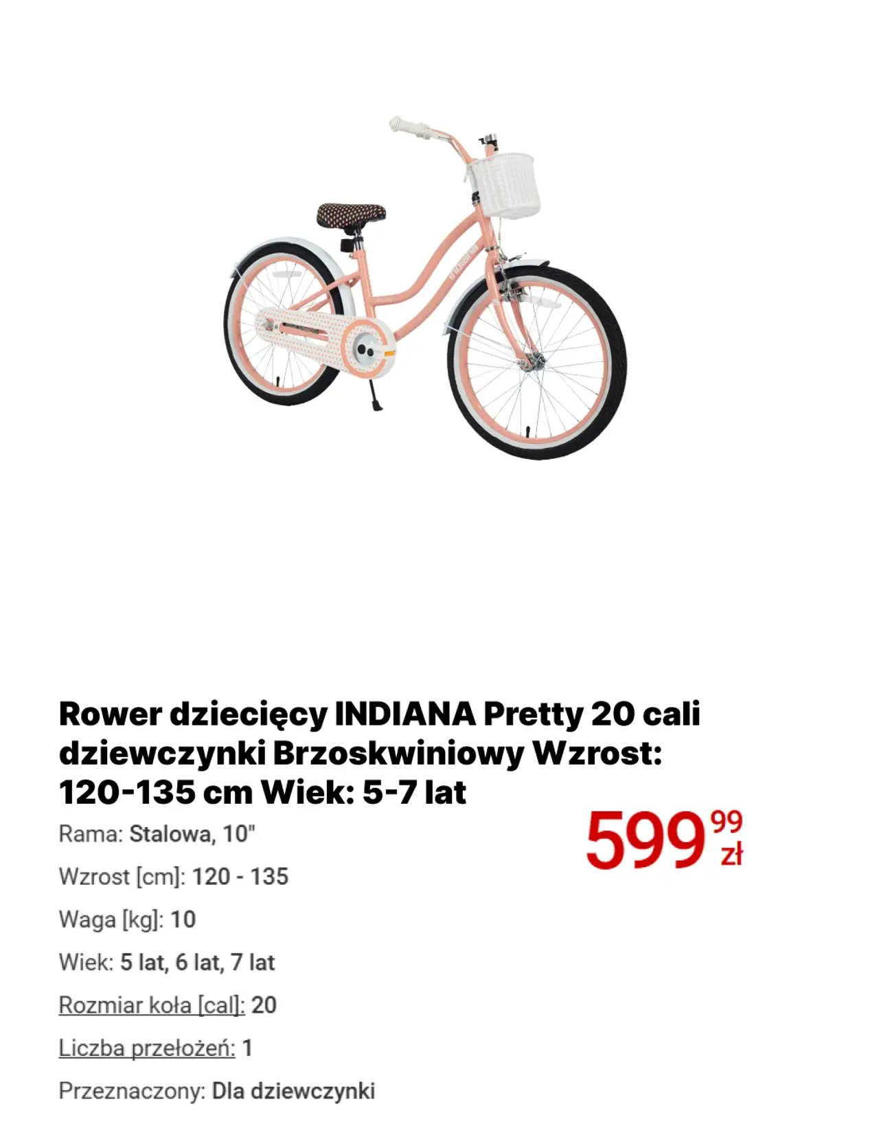 Rower dziecięcy INDIANA Pretty 20 cali dziewczynki Brzoskwiniowy Wzrost: 120-135 cm Wiek: 5-7 lat